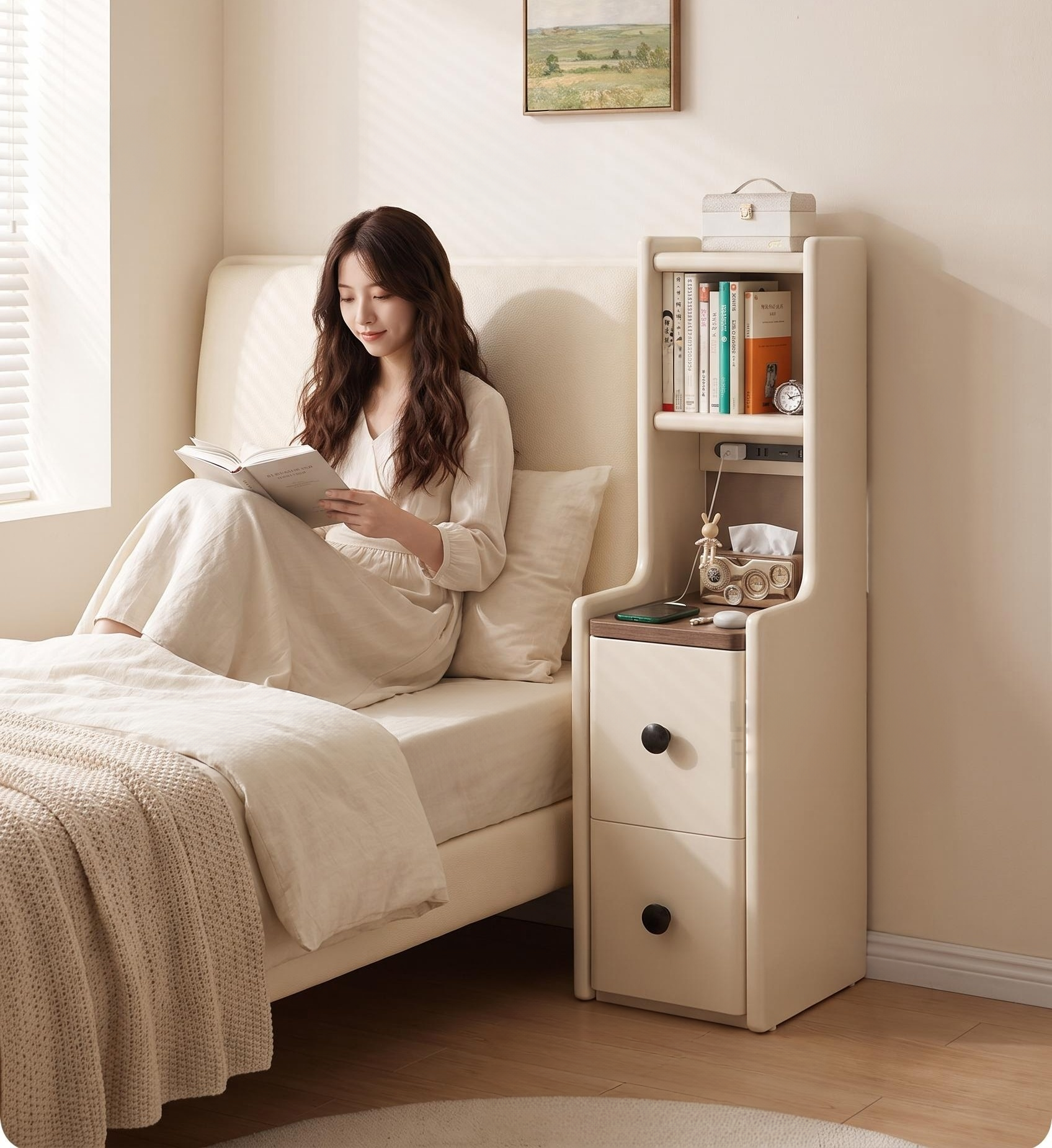 實木多層床頭櫃書架｜中古奶油風床邊置物架 書櫃 床頭櫃 床頭櫃 儲物櫃 置物櫃 收納櫃 雜物櫃 抽屜櫃